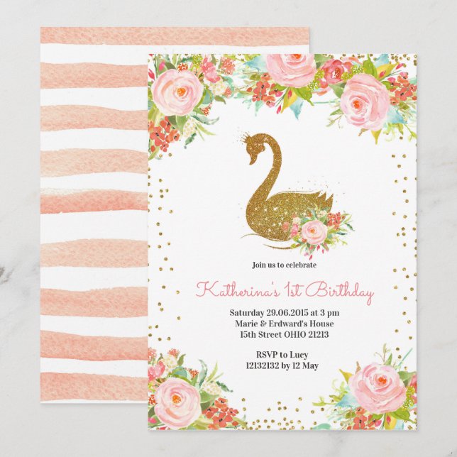 Pink Peach and Gold Swan Birthday Invitation (Front/Back)