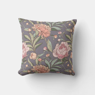 Pink, peach and gray floral pattern throw pillow