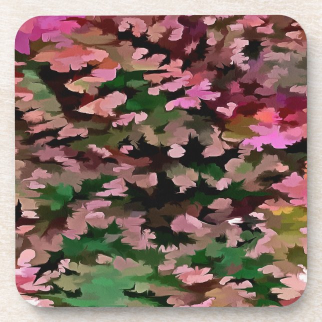 Pink, Peach and Green Camouflage Pattern Beverage Coaster (Front)