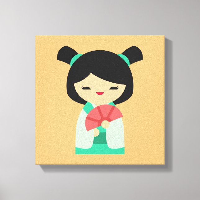 Pink peach aqua Kokeshi Japanese dolls Canvas Print (Front)