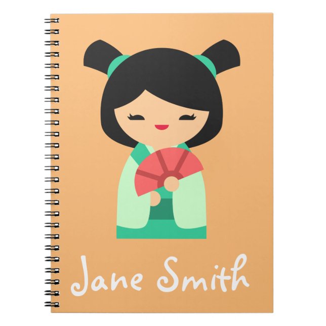 Pink peach aqua Kokeshi Japanese dolls Notebook (Front)