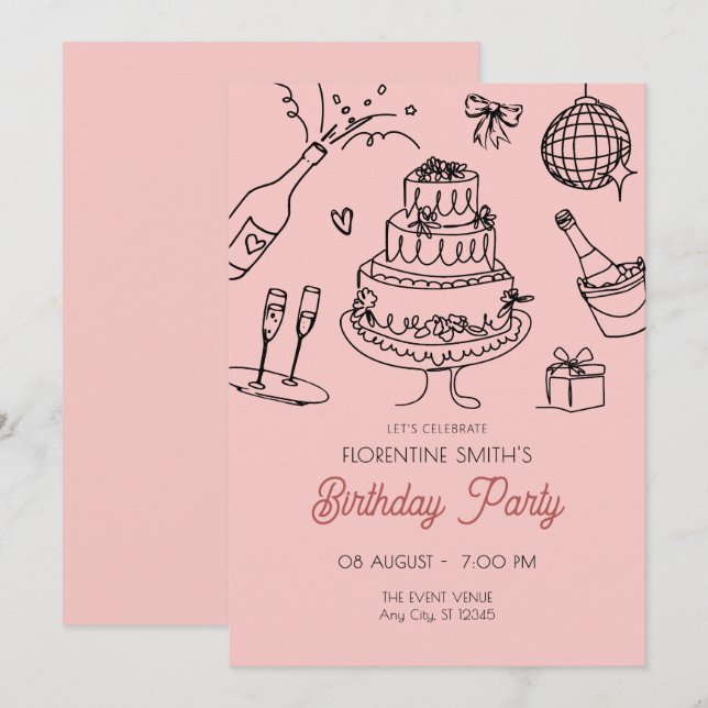 Pink peach birthday party invitation (Front/Back)