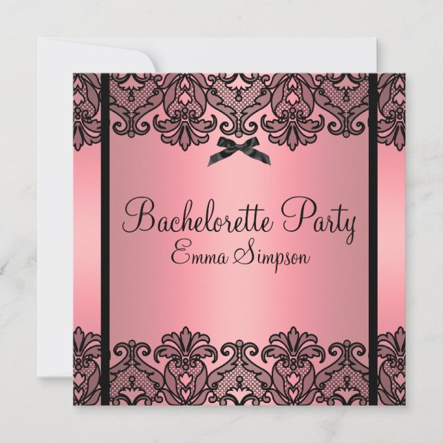 Pink Peach & Black Damask Lace Bachelorette Invite (Front)