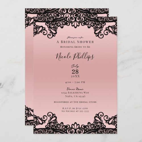 Pink Peach Black Ink Lace Elegant Bridal Shower   Invitation