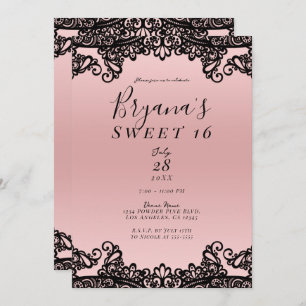 Pink Peach Black Ink Lace Sweet 16 Party Invitation