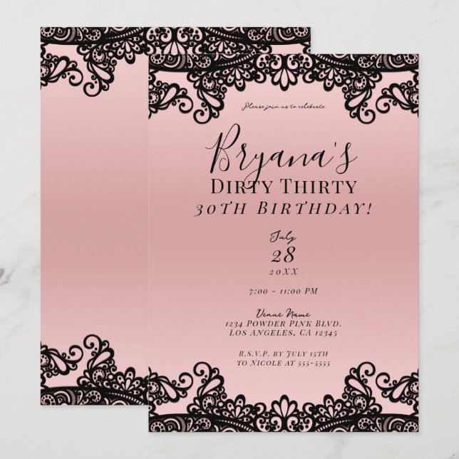 Pink Peach Black Lace Dirty 30 30th Birthday  Invitation (Front/Back)