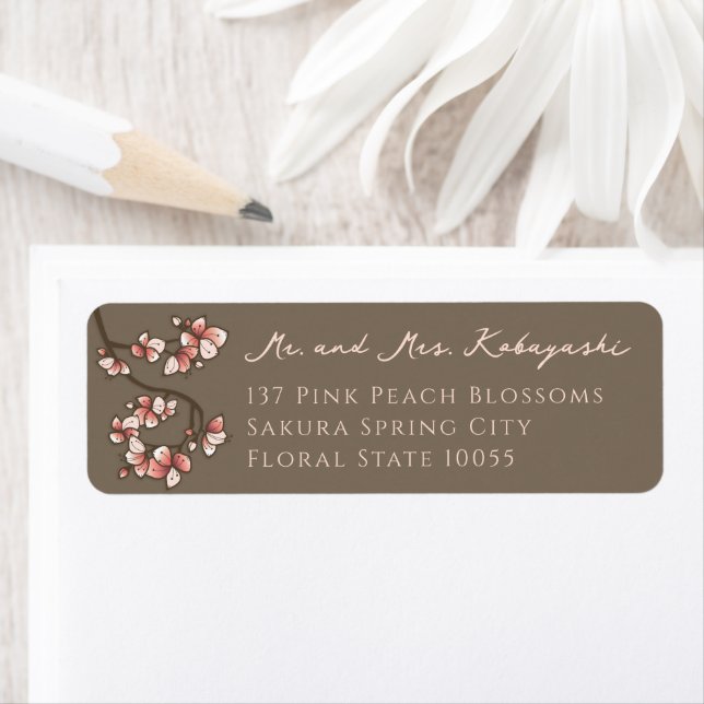 Pink Peach Blossom Flowers Asian Wedding Address Label (Insitu)