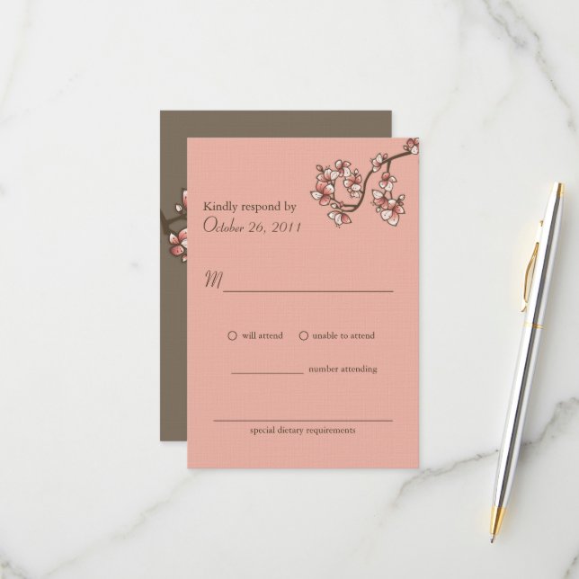 Pink Peach Blossoms Chinese Wedding RSVP Card (Front/Back In Situ)