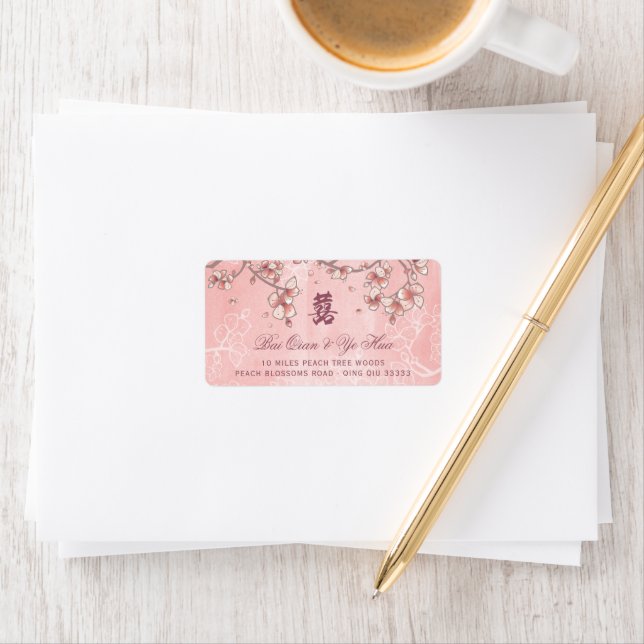 Pink Peach Blossoms Floral Chinese Wedding Address Label (Insitu)