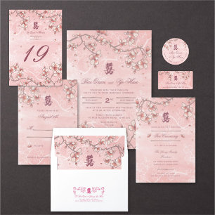Pink Peach Blossoms Romantic Florals Asian Wedding RSVP Card