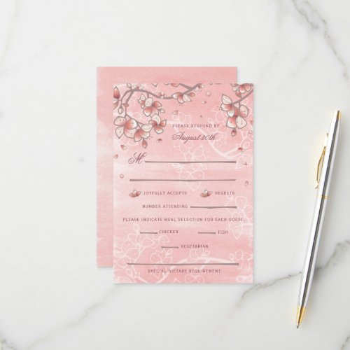 Pink Peach Blossoms Romantic Florals Asian Wedding RSVP Card