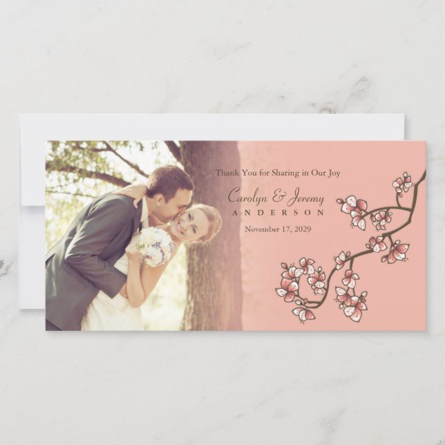 Pink Peach Blossoms Wedding Thank You Photo Card (Front)