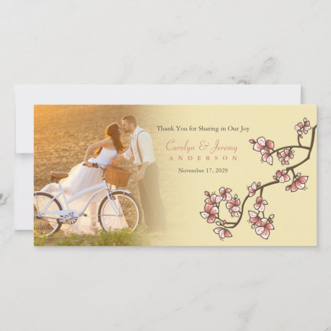 Pink Peach Blossoms Wedding Thank You Photo Card (Front)
