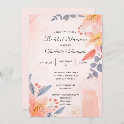 Pink Peach Blue Coral Floral Bridal Shower  Invitation