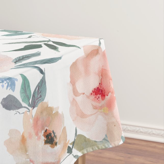Pink Peach Blue Floral Watercolor Tablecloth (In Situ)