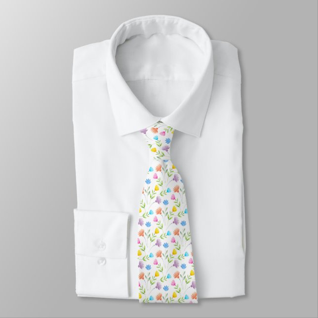 Pink Peach Blue Yellow Plum Floral Pattern Neck Tie (Tied)