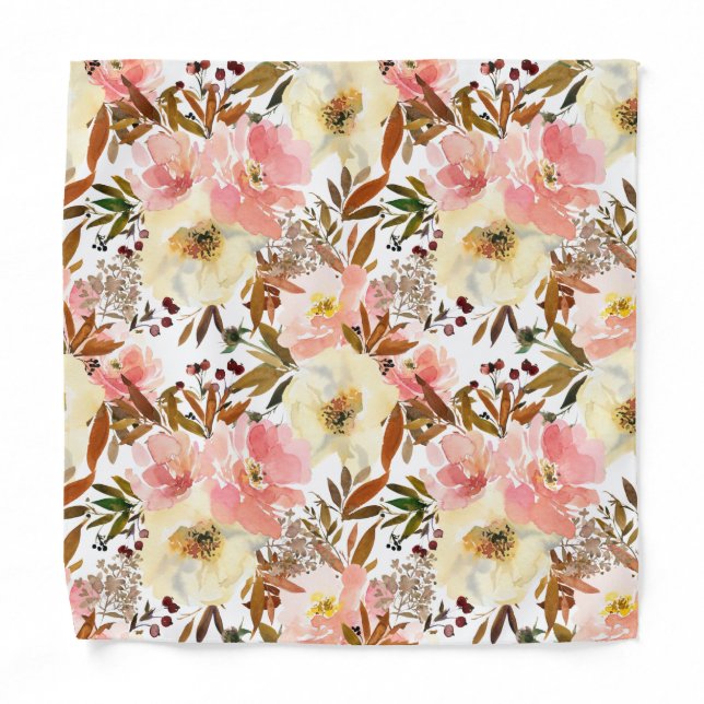 Pink Peach Blush Brown Floral Pocket Square Bandana (Front)