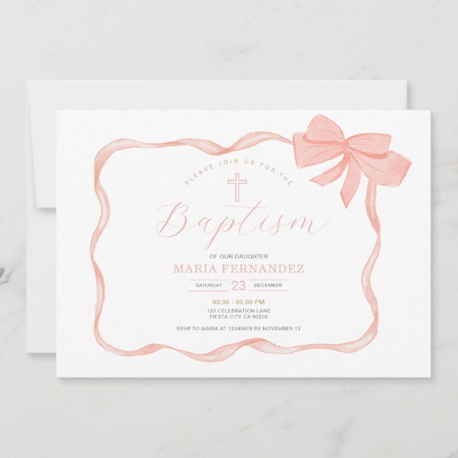 Pink Peach Bow Christening Invitation (Front)