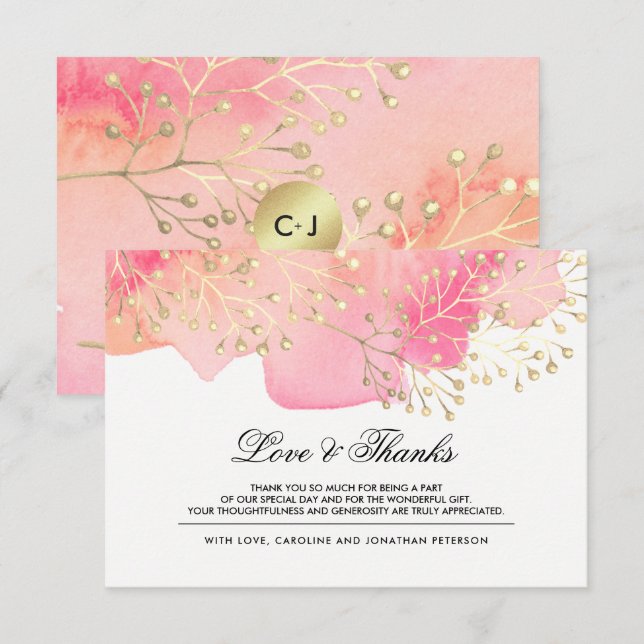 Pink Peach Branches Wedding  Thank You Card (Front/Back)