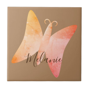 Pink Peach Butterfly Personalized Name Ceramic Tile