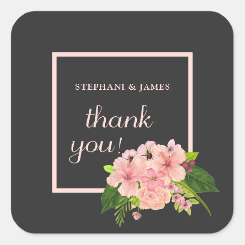 Pink Peach  Charcoal Tropical Floral Thank You Square Sticker