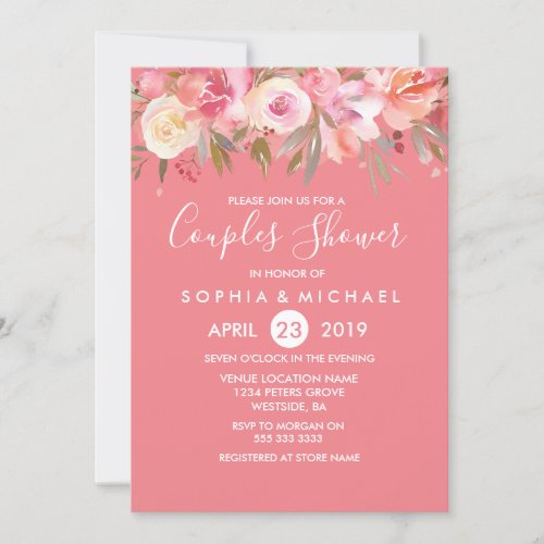 Pink Peach Coral Watercolor Couples Shower Invite