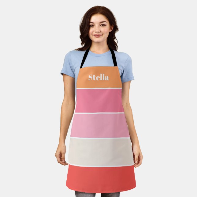 Pink Peach Custom Summer Color Block Stripes Apron (Worn)