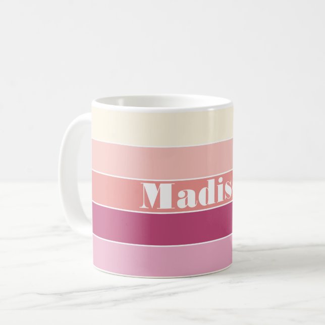 Pink Peach Custom Summer Color Block Stripes Coffee Mug (Front Left)