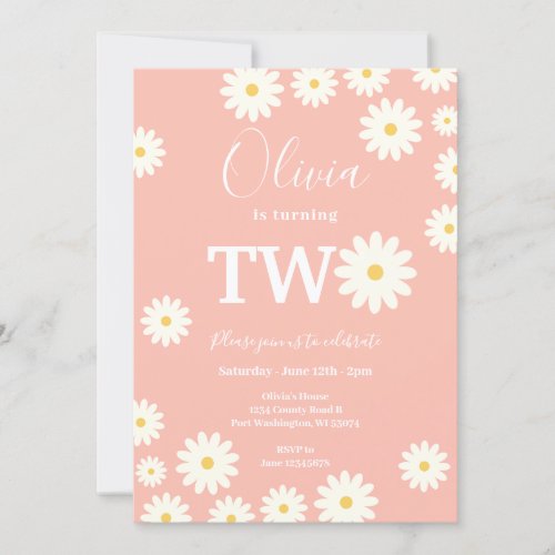 Pink Peach Daisy Floral 2nd Birthday party  Invitation