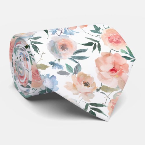 Pink Peach Dusty Light Blue Roses Floral Neck Tie