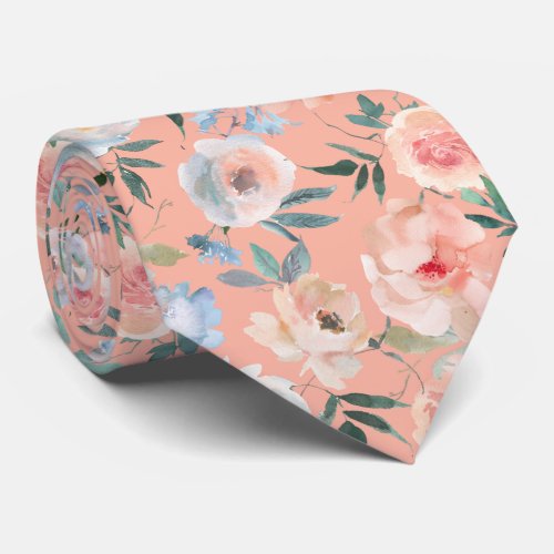 Pink Peach Dusty Light Blue Roses Floral Neck Tie