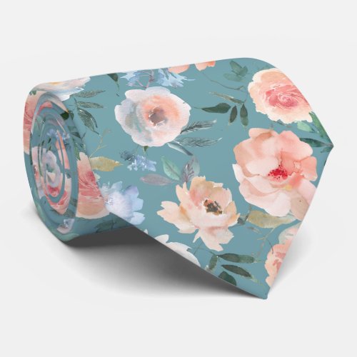 Pink Peach Dusty Light Blue Roses Floral Neck Tie