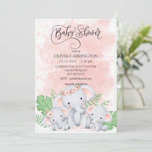 Pink Peach Elephant Watercolor Baby Shower Invitation