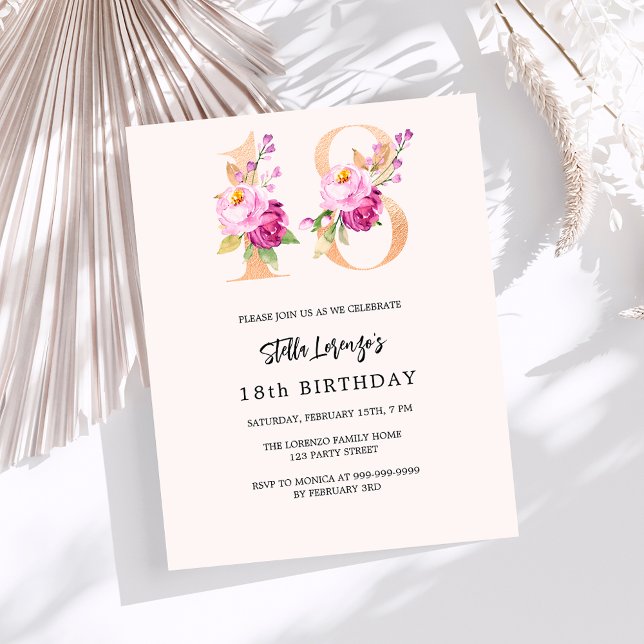 Pink peach floral 18th birthday budget invitation (Creator Uploaded)