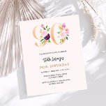 Pink peach floral 90th birthday budget invitation<br><div class="desc">A modern,  stylish and glamorous invitation for a 90th birthday party.  A peach colored background.  Decorated with foral numbers in faux gold and pink.  The name is written with a modern hand lettered style script.  Personalize and add your party details. 

1 sheet = 1 invitation printed edge to edge.</div>