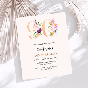 Pink peach floral 90th birthday budget invitation