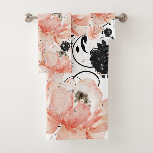 Pink Peach Floral-Black Stencil-Glitter Diamonds Bath Towel Set (Insitu)