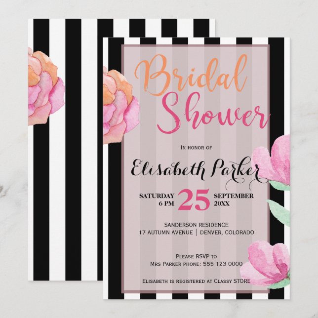 Pink peach floral black white stripe bridal shower invitation (Front/Back)