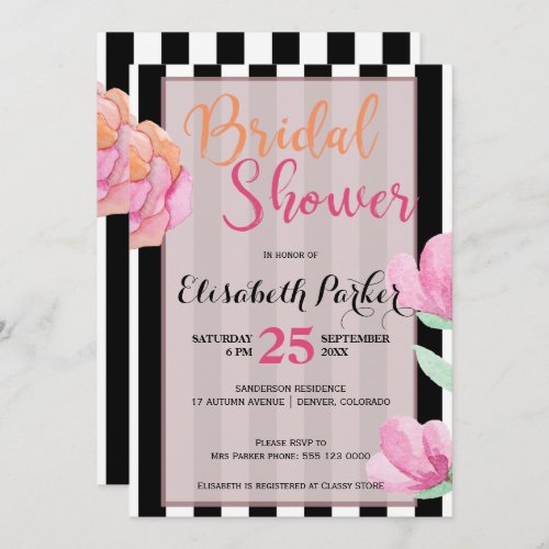 Pink peach floral black white stripe bridal shower invitation