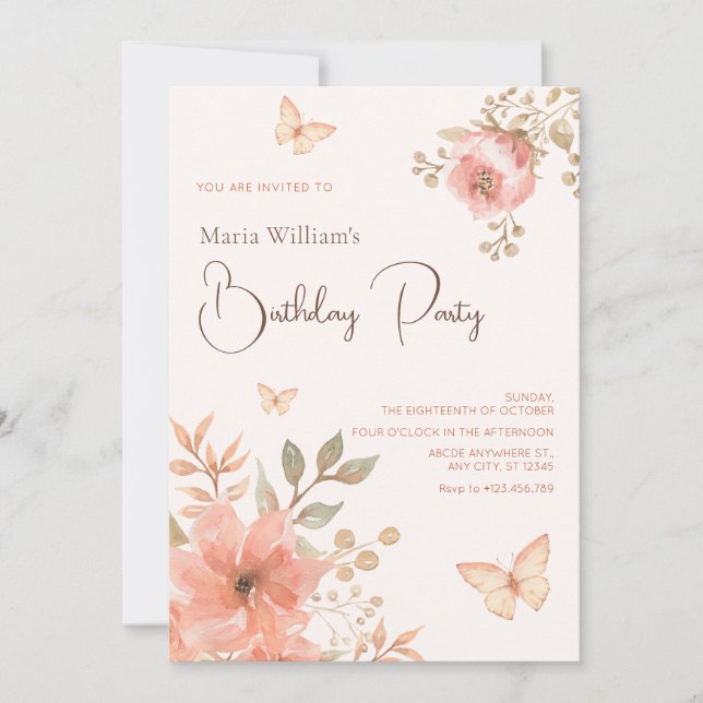 Pink peach floral butterfly invitation (Front)