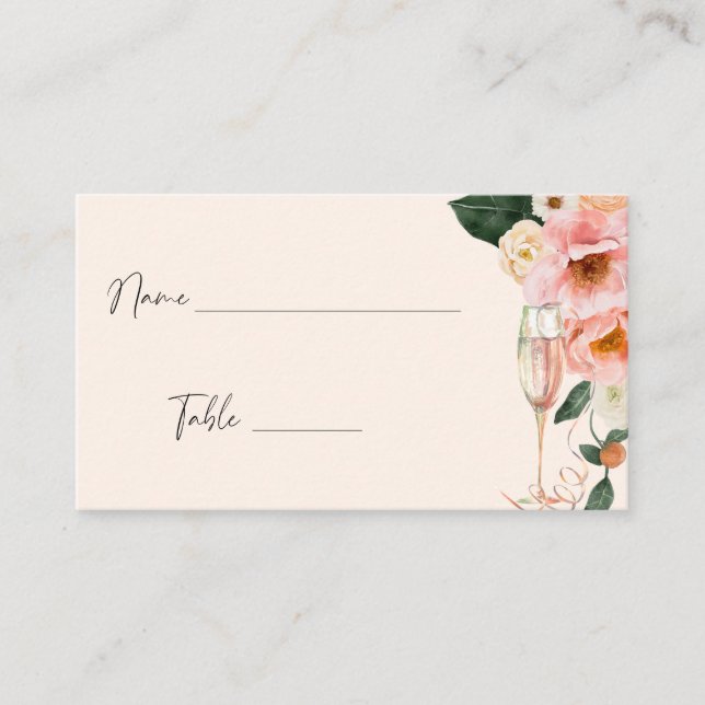Pink Peach Floral Champagne Place Card (Front)