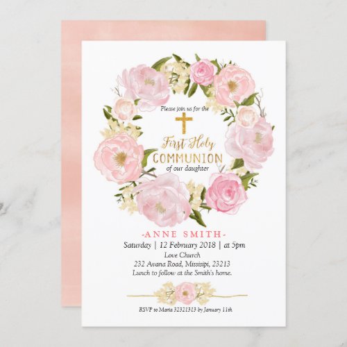 Pink Peach Floral First Holy Communion Card