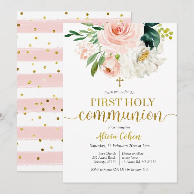 Pink Peach Floral First Holy Communion Card (Front/Back)