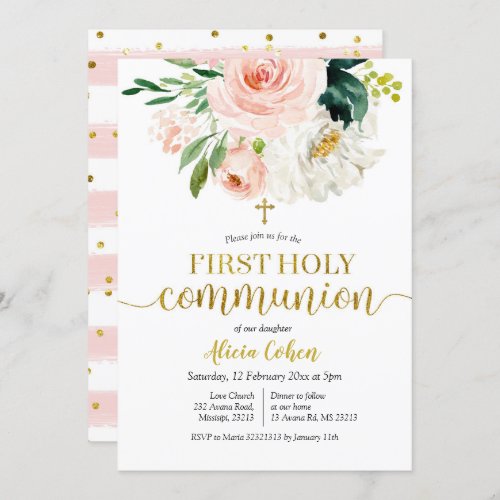 Pink Peach Floral First Holy Communion Card