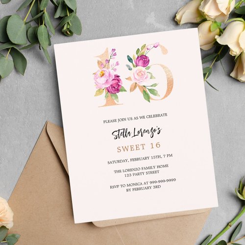 Pink peach floral gold Sweet 16 budget invitation