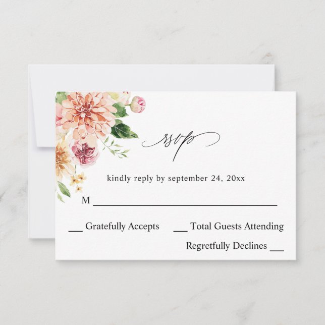 Pink & Peach Floral & Greenery no Meal RSVP V2 Card (Front)