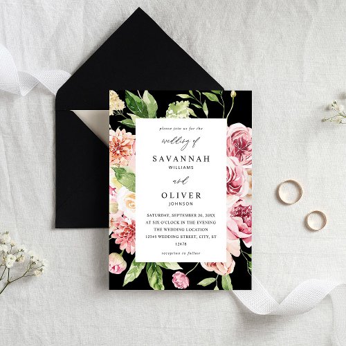 Pink  Peach Floral  Greenery Wedding _ Black Invitation