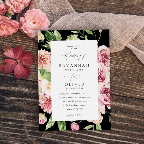 Pink  Peach Floral  Greenery Wedding _ Black V2 Invitation