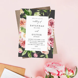 Pink & Peach Floral & Greenery Wedding - Gray Invitation