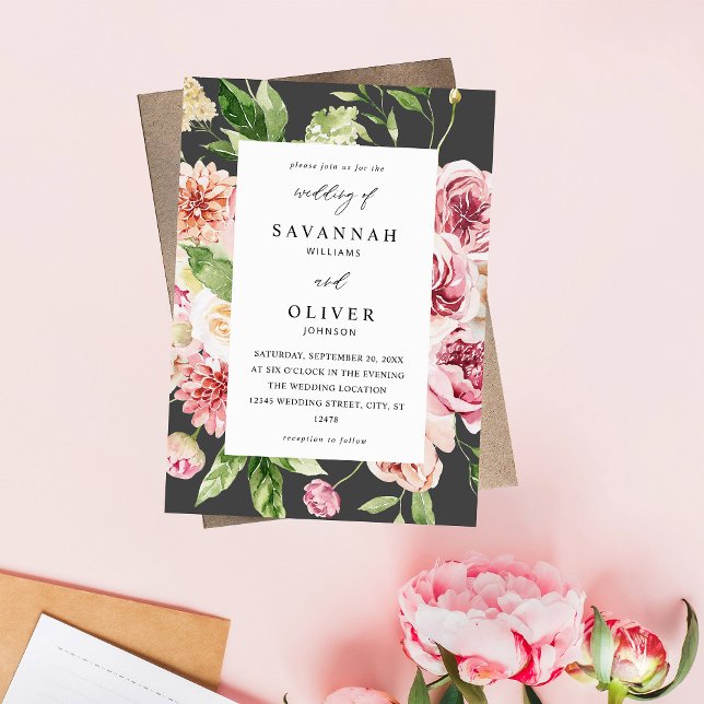 Pink & Peach Floral & Greenery Wedding - Gray Invitation (Creator Uploaded)